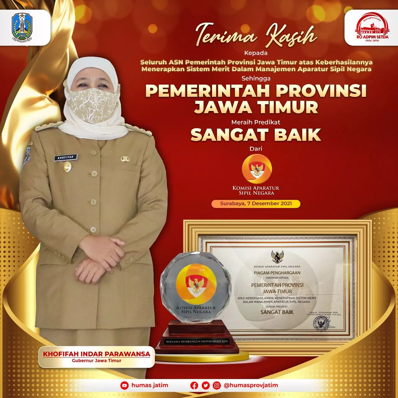 Terapkan Sistem Merit dalam Mutasi ASN, Gubernur Jatim Diganjar Penghargaan