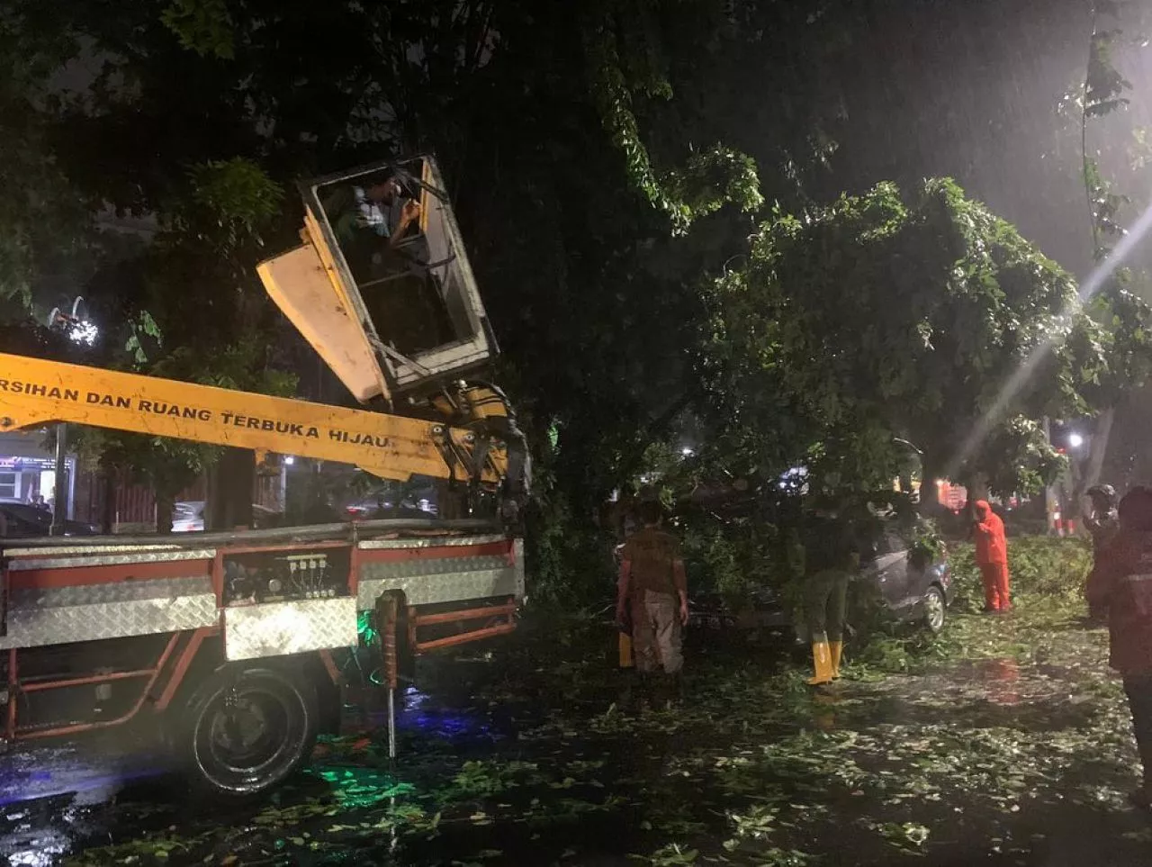 Hujan Deras Disertai Angin di Surabaya, Satu Mobil Tertimpa Pohon Tumbang
