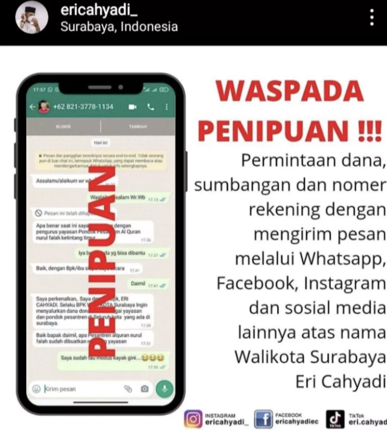 Waspada! Penipuan Wali Kota Surabaya Minta Sumbangan
