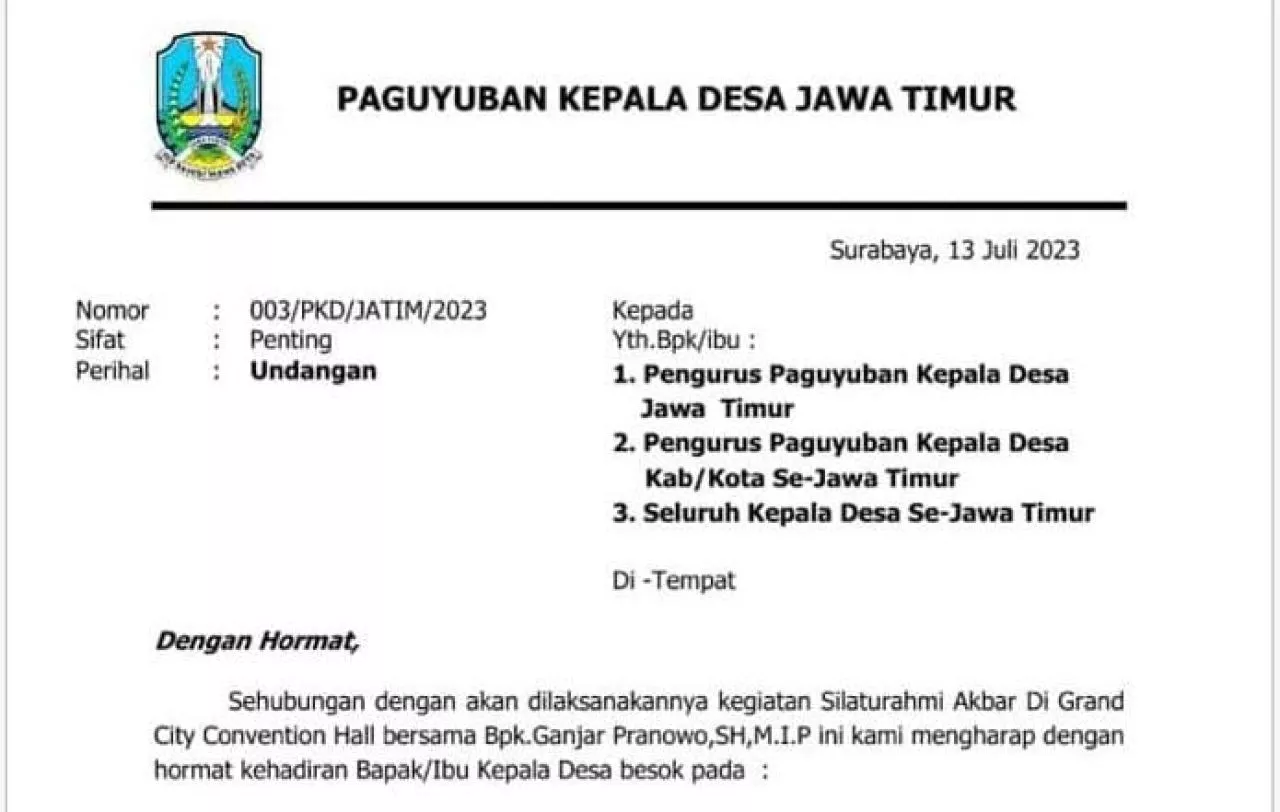 Undangan Silaturahmi Ganjar Pranowo dengan Paguyuban Kades Pakai Logo Pemprov Jatim, Bakesbangpol: Pelanggaran!