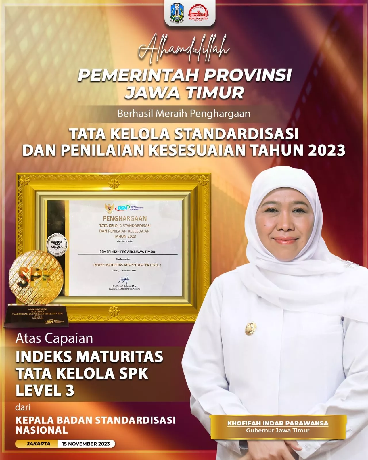 Konsisten Jaga Standardisasi Kualitas dan Mutu Produk, Pemprov Jatim Raih Penghargaan BSN