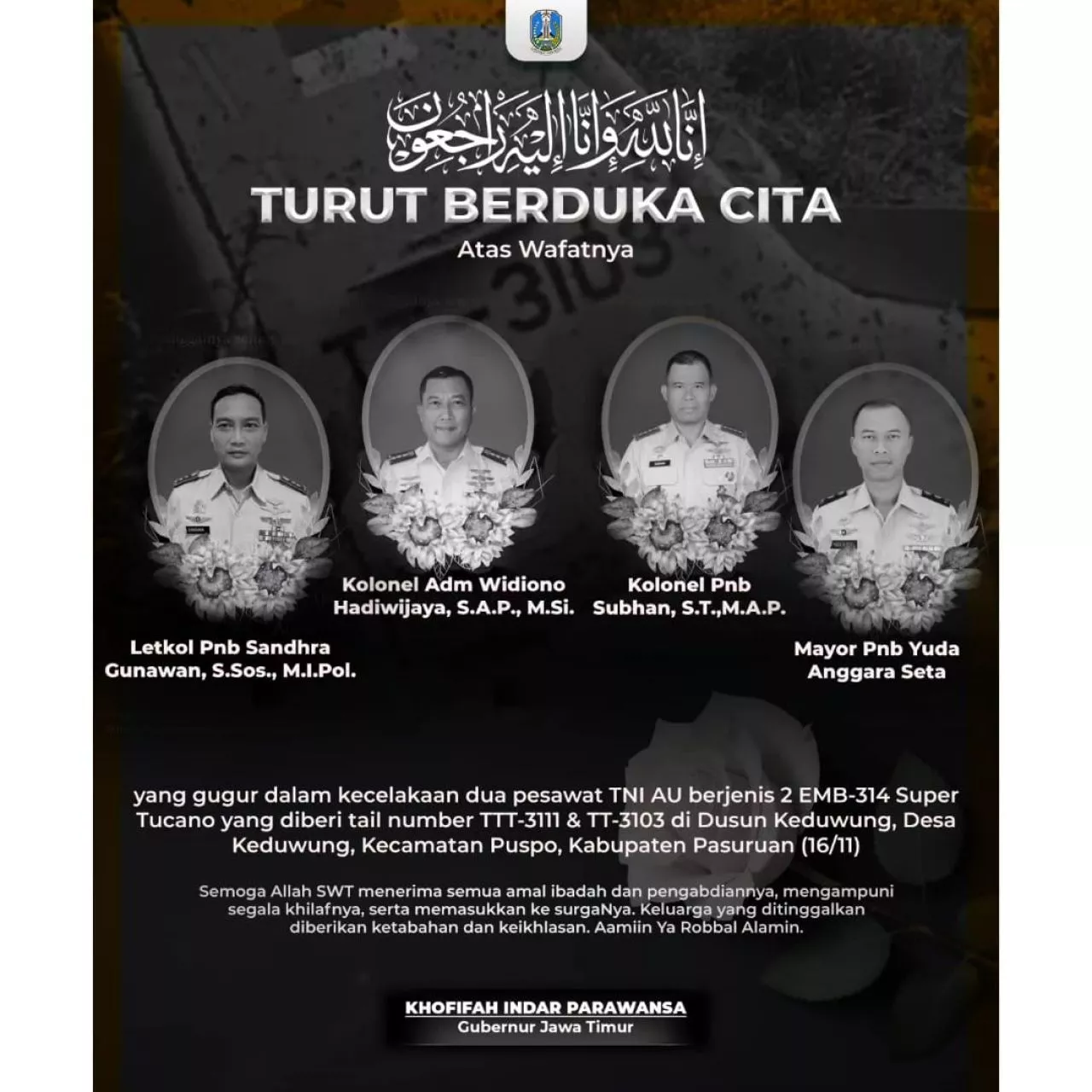 Gubernur Khofifah Sampaikan Duka Mendalam Peristiwa Jatuhnya Pesawat TNI AU di Pasuruan