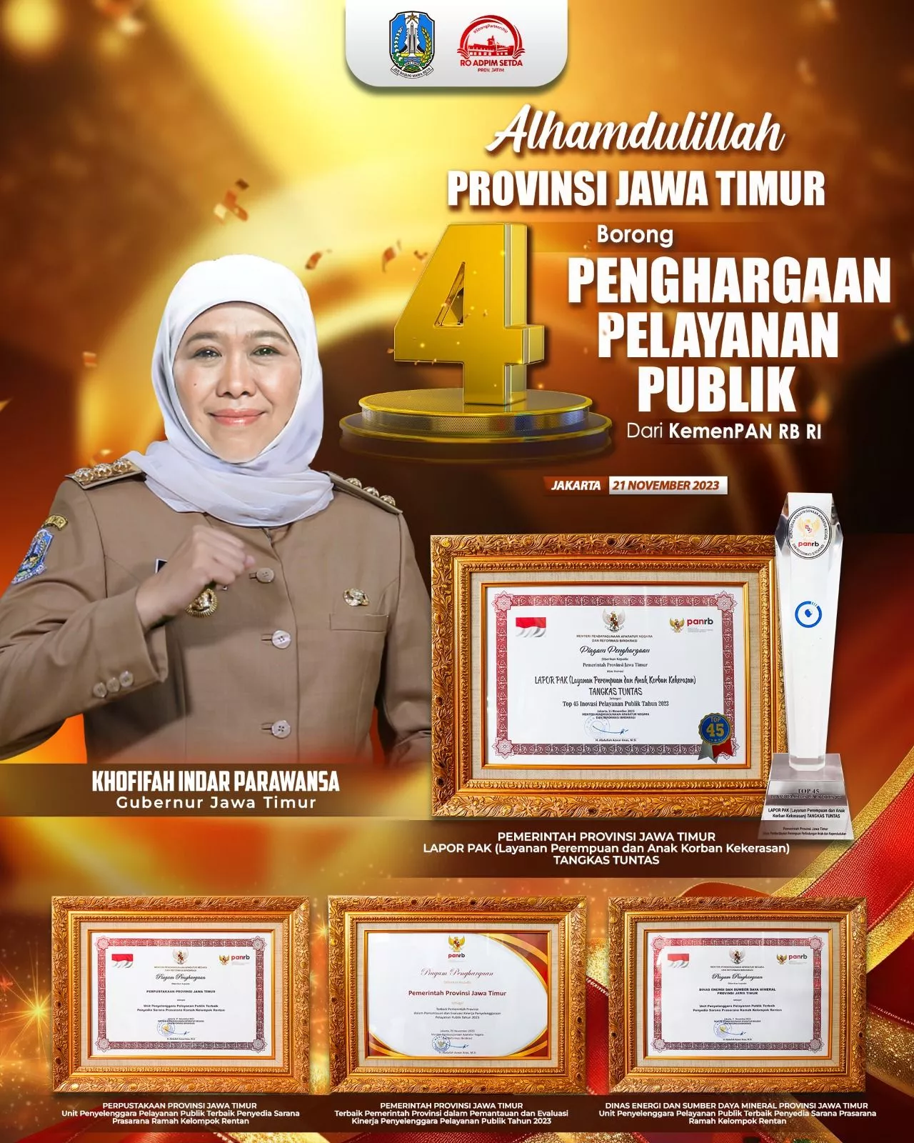 Pemprov Jatim Borong Empat Penghargaan Pelayanan Publik KemenPAN RB