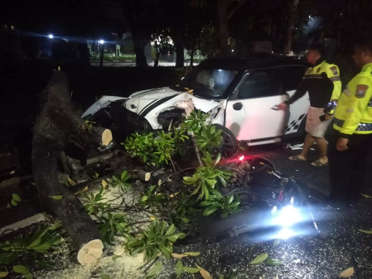 Mini Cooper Tabrak Pengendara Motor di Surabaya, Satu Pohon Ambruk dan Satu Orang Dilarikan ke RS