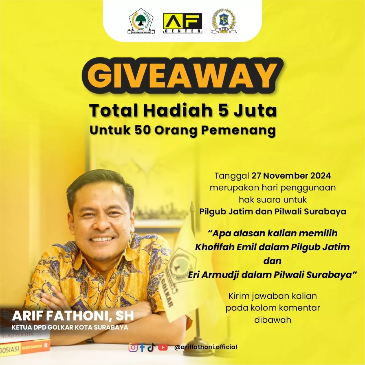 Golkar Beri Giveaway, Ajak Warga Bagi Harapan untuk ErJi dan Khofifah-Emil