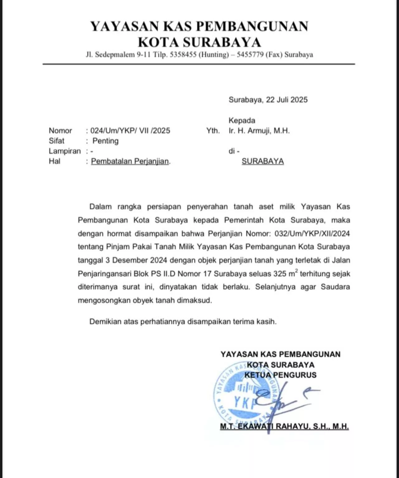 Surat pembatalan perjanjian peminjaman tanah oleh YKP