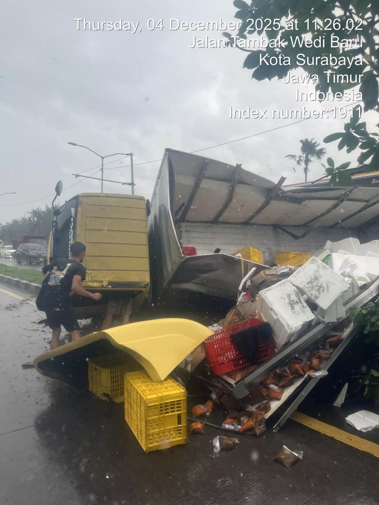 Truk Boks Terguling di Surabaya, Muatan Ayam dan Cumi Berhamburan