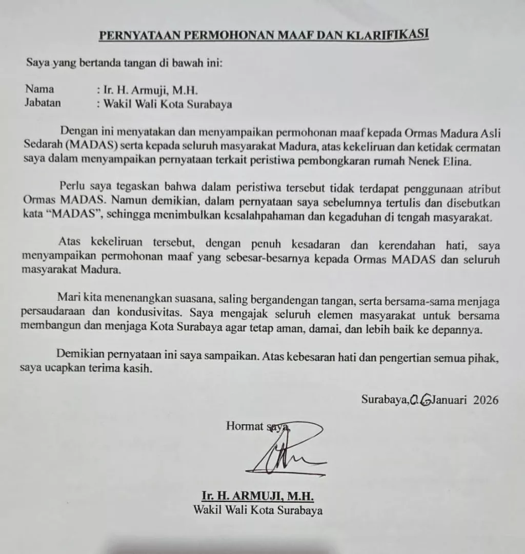 Mediasi Selesai, Begini Isi Surat Pernyataan Armuji ke Madas