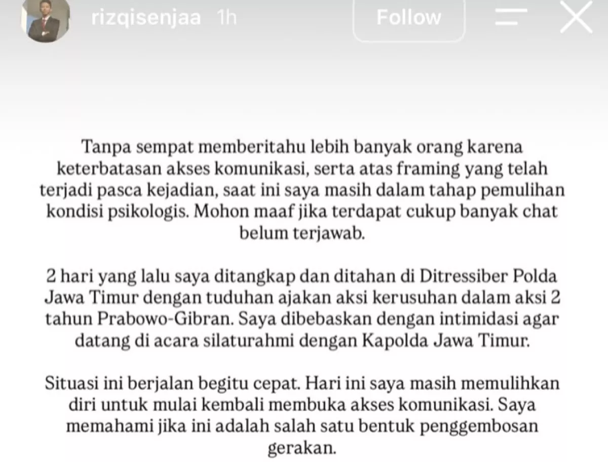 Ketua BEM Unair Ngaku Ditahan di Polda Jatim Gegara Dituduh Sebar Ajakan Kerusuhan