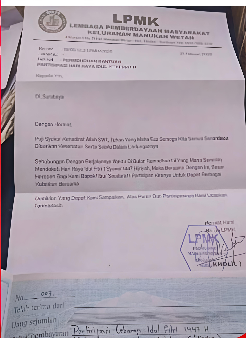 Surat permintaan THR oleh Ketua LPMK Manukan Wetan Surabaya yang viral. (Dok. Tangkapan layar/Istimewa).