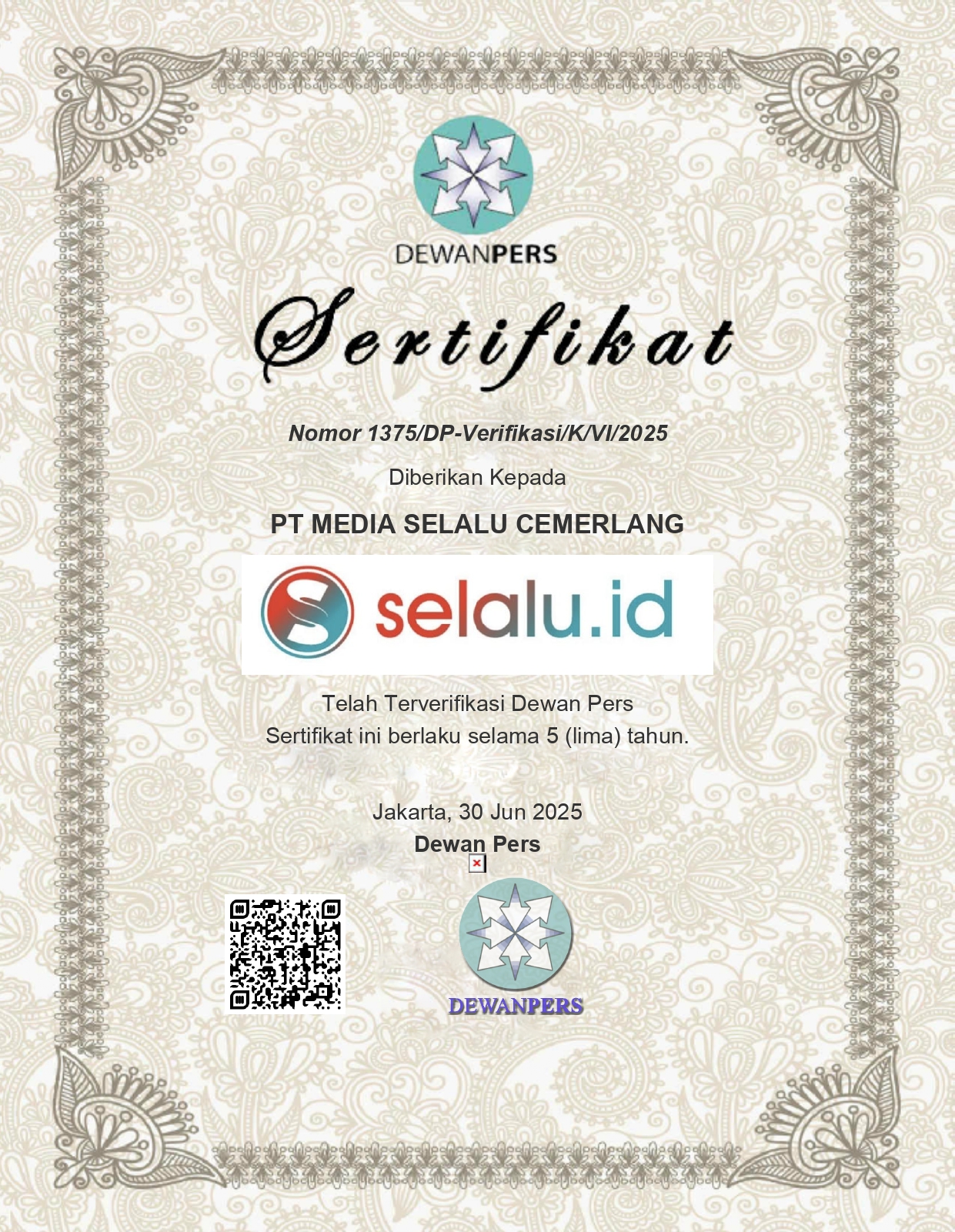 Advertise - Sertifikat Dewan Pers Selalu id